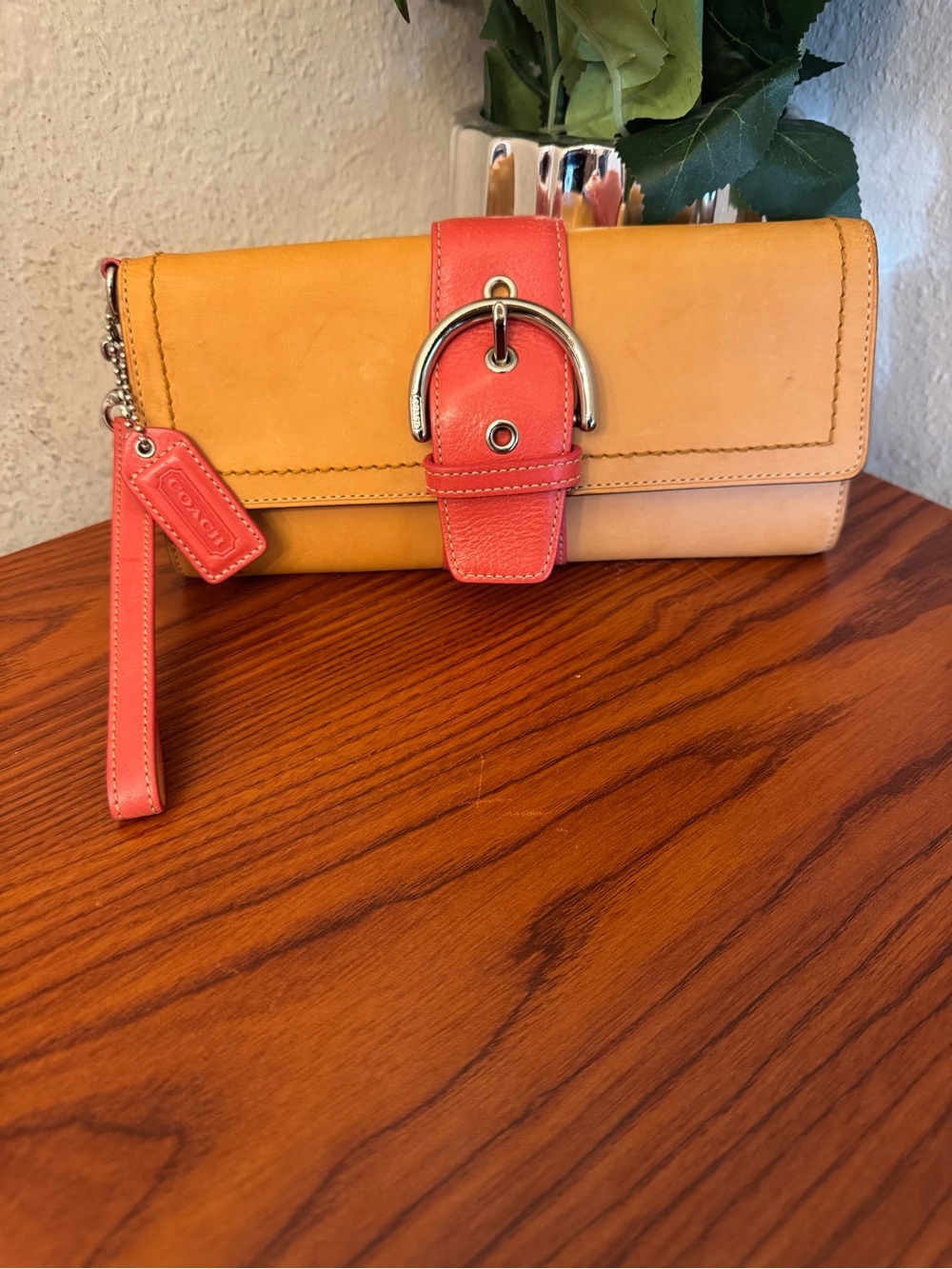 Vintage Coach Yellow and Coral Leather Wristlet Clutch with Buckle Strap